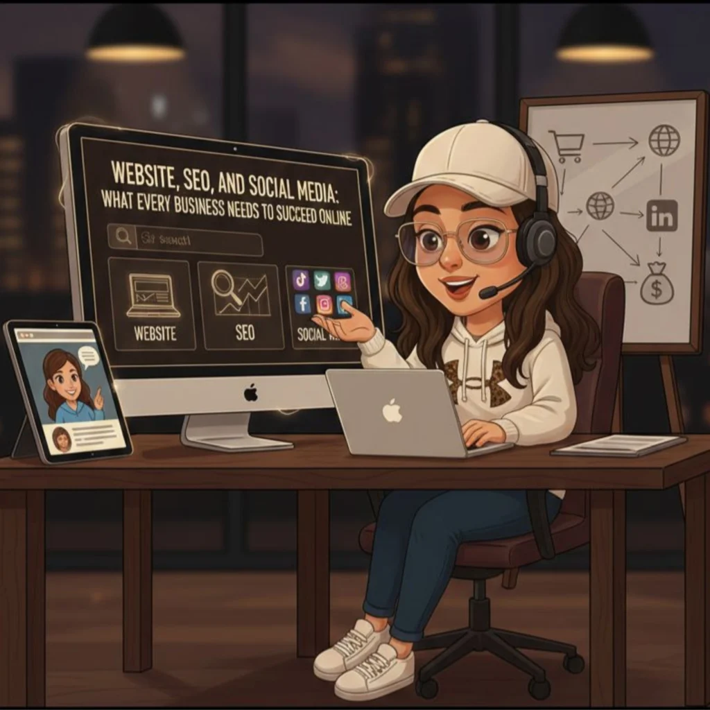 Illustration of Safa Haris presenting a digital marketing session on how digital marketing helps small businesses grow without large advertising budgets